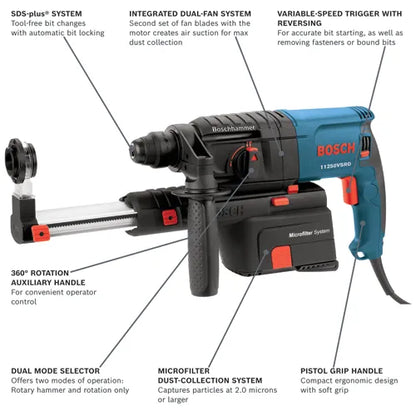 Bosch 3/4" SDS-plus® Rotary Hammer, Pistol Grip w/ Dust Collection 11250VSRD