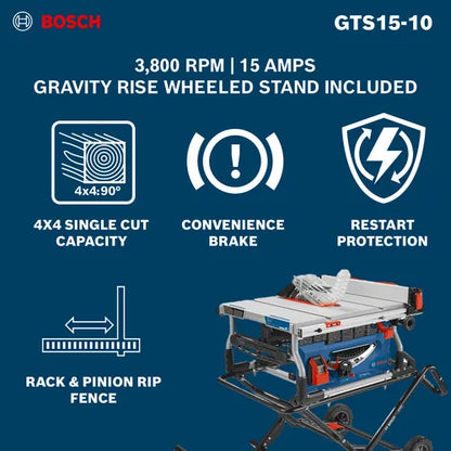 Bosch 15 Amp 10-Inch Jobsite Table Saw with Gravity Rise Wheeled Stand GTS15-10